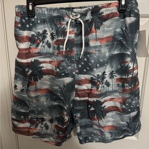 Black Label Red and Blue Board Shorts with Artistic Design